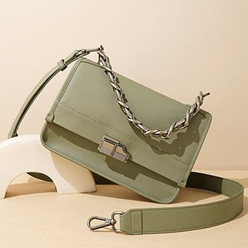 Women’s Genuine Leather Small Square Bag with Double Straps and Single Chain