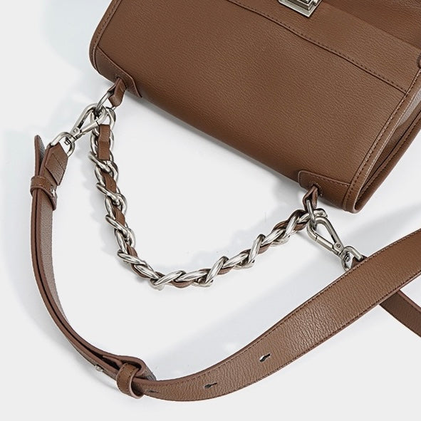 Women’s Genuine Leather Small Square Bag with Double Straps and Single Chain