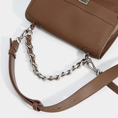 Women’s Genuine Leather Small Square Bag with Double Straps and Single Chain