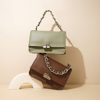 Women’s Genuine Leather Small Square Bag with Double Straps and Single Chain