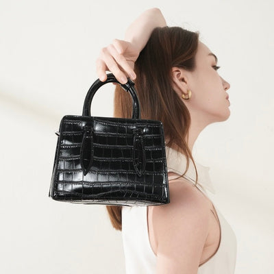 Women’s Genuine Leather Top Handle Bag – French Alligator-Texture Square Crossbody