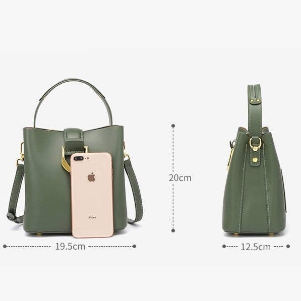 Women’s Genuine Leather Bucket Shoulder Bag – Large Capacity Crossbody for Daily Commute