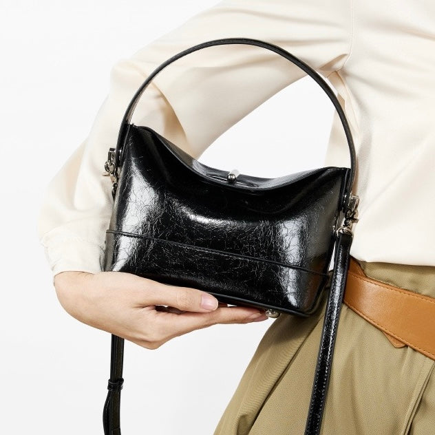 Women’s Genuine Leather Mini Bucket Shoulder Bag – Chic Turn-Lock Crossbody
