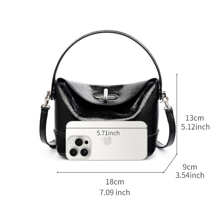 Women’s Genuine Leather Mini Bucket Shoulder Bag – Chic Turn-Lock Crossbody