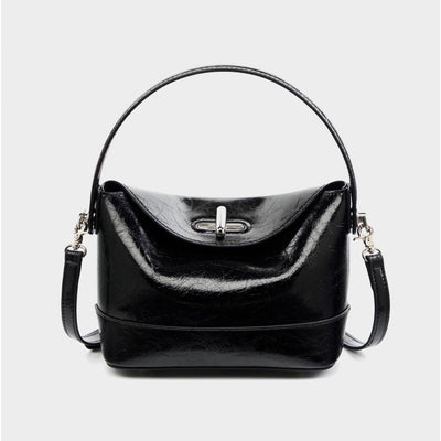 Women’s Genuine Leather Mini Bucket Shoulder Bag – Chic Turn-Lock Crossbody