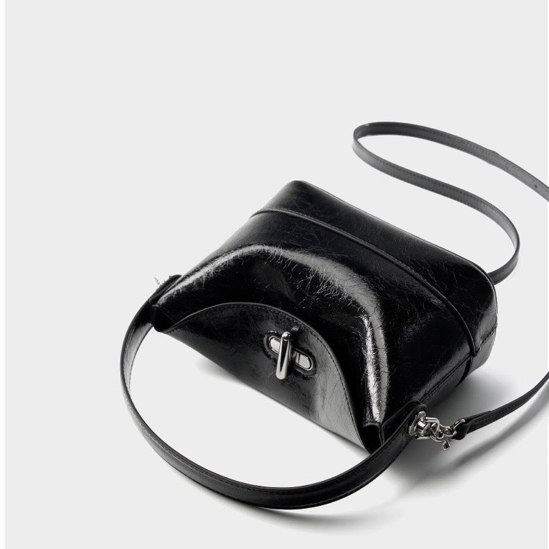 Women’s Genuine Leather Mini Bucket Shoulder Bag – Chic Turn-Lock Crossbody