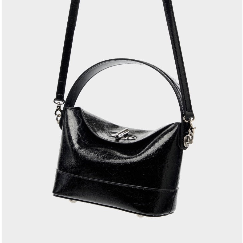 Women’s Genuine Leather Mini Bucket Shoulder Bag – Chic Turn-Lock Crossbody