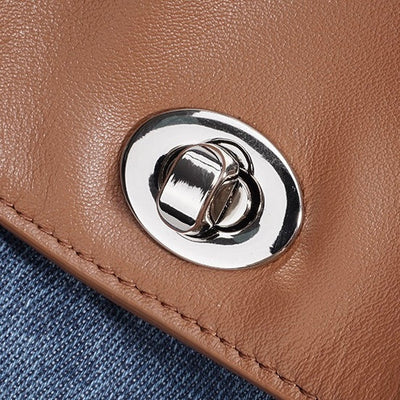 Women’s Genuine Leather & Denim Patchwork Backpack – Large Capacity Commuter Bag
