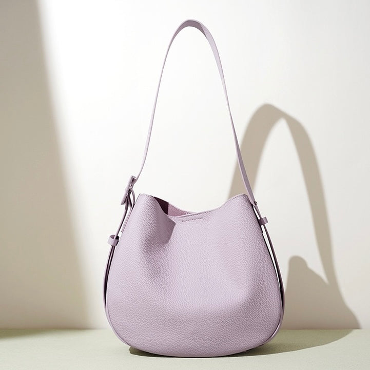 Women’s Genuine Leather Wide Strap Commuter Bucket Shoulder Bag