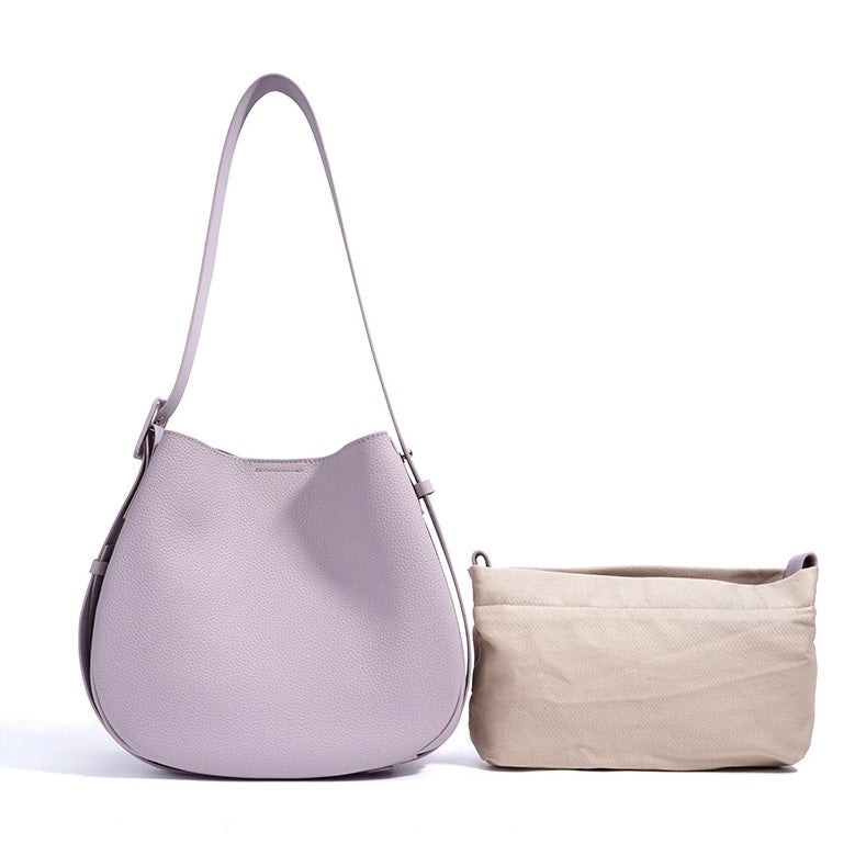 Women’s Genuine Leather Wide Strap Commuter Bucket Shoulder Bag