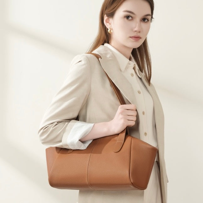 Women’s Genuine Leather Winged Pleated Tote – Minimalist Large Capacity Commuter Bag