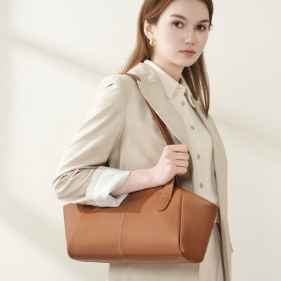 Women’s Genuine Leather Winged Pleated Tote – Minimalist Large Capacity Commuter Bag