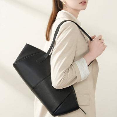 Women’s Genuine Leather Winged Pleated Tote – Minimalist Large Capacity Commuter Bag