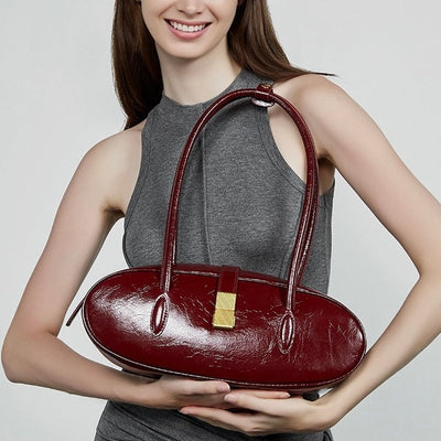 Women's Top Grain Cowhide Single Shoulder Handheld Baguette Bag