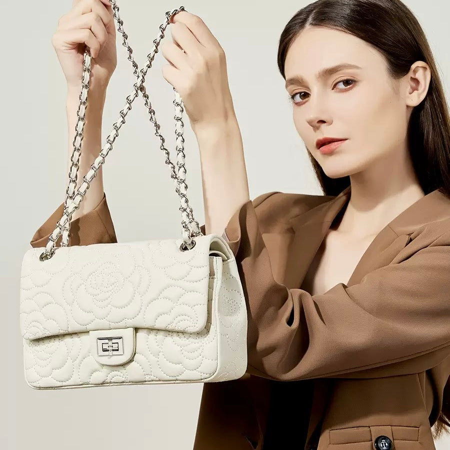 Women’s Genuine Sheepskin Quilted Camellia Chain Crossbody Bag