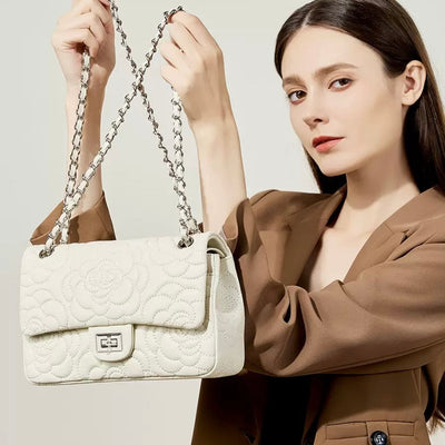 Women’s Genuine Sheepskin Quilted Camellia Chain Crossbody Bag