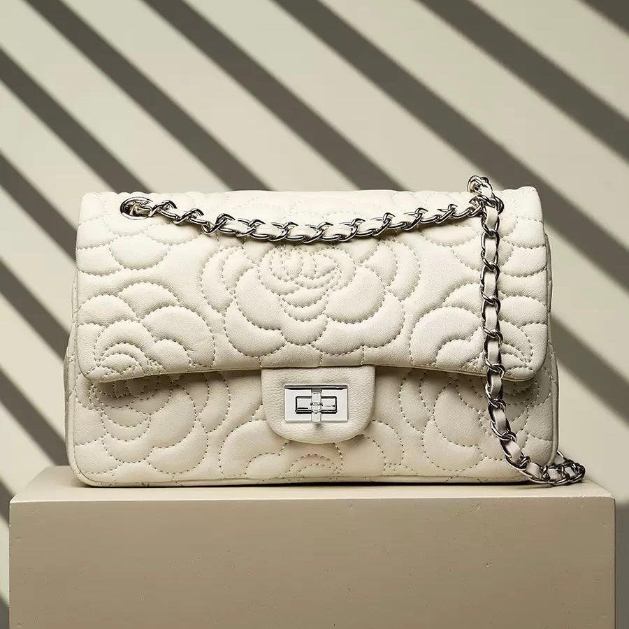 Women’s Genuine Sheepskin Quilted Camellia Chain Crossbody Bag