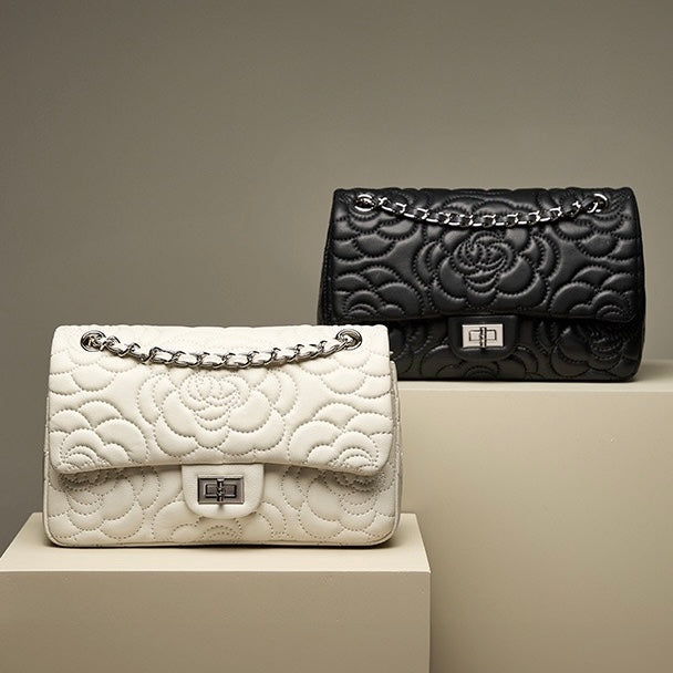 Women’s Genuine Sheepskin Quilted Camellia Chain Crossbody Bag