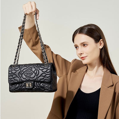 Women’s Genuine Sheepskin Quilted Camellia Chain Crossbody Bag