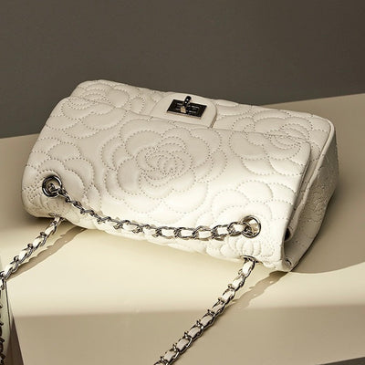 Women’s Genuine Sheepskin Quilted Camellia Chain Crossbody Bag