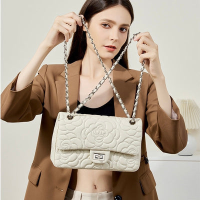 Women’s Genuine Sheepskin Quilted Camellia Chain Crossbody Bag