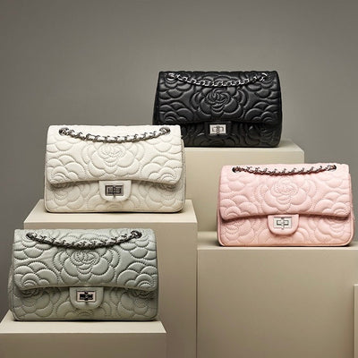 Women’s Genuine Sheepskin Quilted Camellia Chain Crossbody Bag