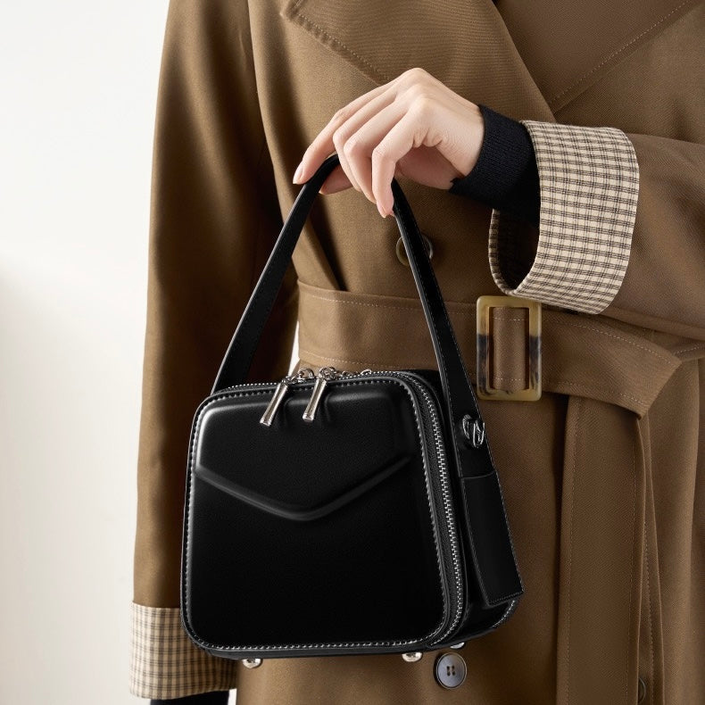 Women's Trapezoidal Ear Genuine Leather Handheld Shoulder Bag