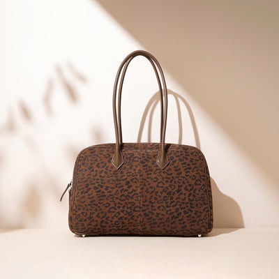 Women's Leopard Print Genuine Leather Large Capacity Bowling Bag