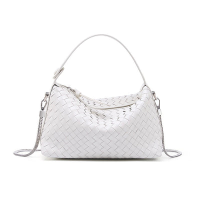 Women’s Genuine Sheepskin Leather Woven Dumpling Clutch Bag with Chain Strap