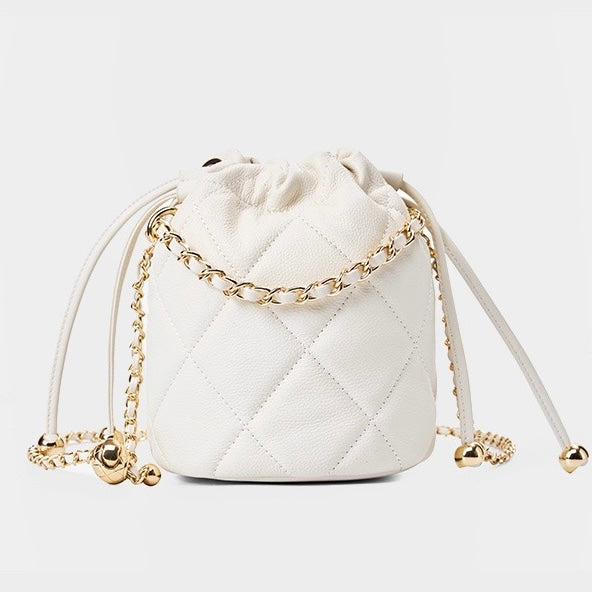 Women’s Genuine Leather Chic Bucket Bag with Chain Strap