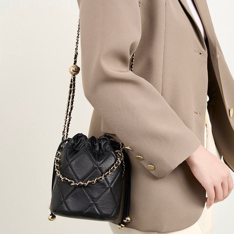 Women’s Genuine Leather Chic Bucket Bag with Chain Strap