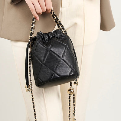 Women’s Genuine Leather Chic Bucket Bag with Chain Strap