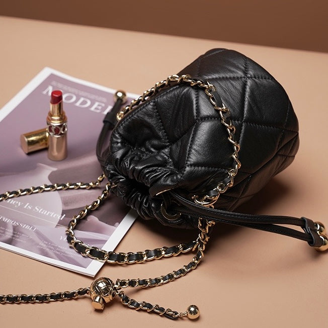 Women’s Genuine Leather Chic Bucket Bag with Chain Strap