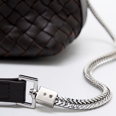 Women’s Genuine Sheepskin Leather Woven Dumpling Clutch Bag with Chain Strap