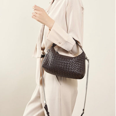 Women’s Genuine Sheepskin Leather Woven Dumpling Clutch Bag with Chain Strap