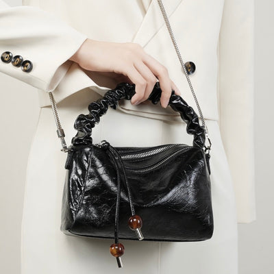 Women's Genuine Leather Beaded Bento Box Handheld Crossbody Bag