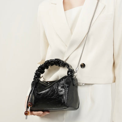 Women's Genuine Leather Beaded Bento Box Handheld Crossbody Bag