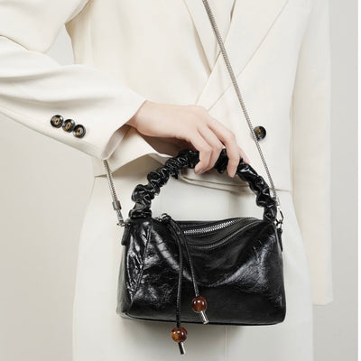 Women's Genuine Leather Beaded Bento Box Handheld Crossbody Bag