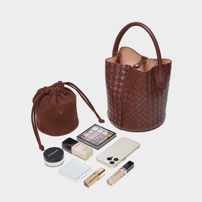 Women’s Luxury Genuine Leather Woven Bucket Crossbody Handbag