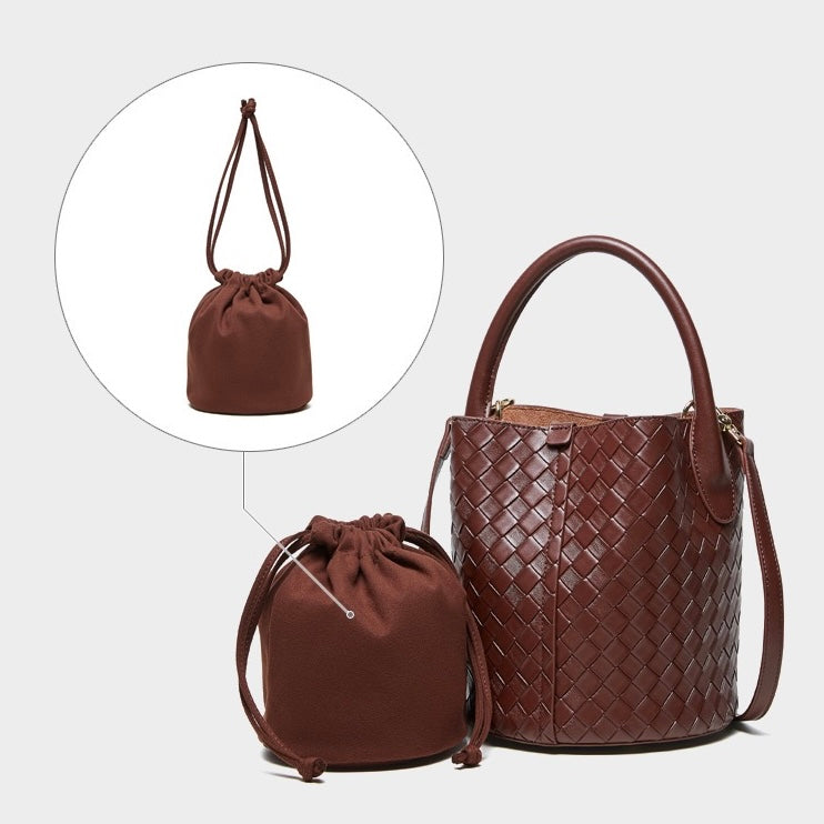 Women’s Luxury Genuine Leather Woven Bucket Crossbody Handbag