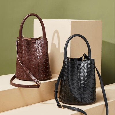 Women’s Luxury Genuine Leather Woven Bucket Crossbody Handbag