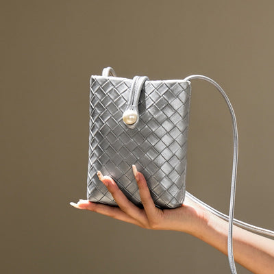 Pearl Button Women's Genuine Leather Woven Crossbody Phone Bag