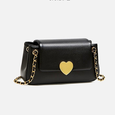 Women's Genuine Leather Chain Shoulder Crossbody Bag with Heart - Shaped Buckle