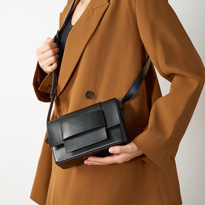 Women’s Genuine Leather Woven Box Crossbody Shoulder Bag in Minimalist Style