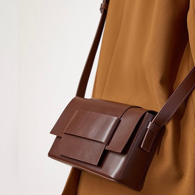 Women’s Genuine Leather Woven Box Crossbody Shoulder Bag in Minimalist Style