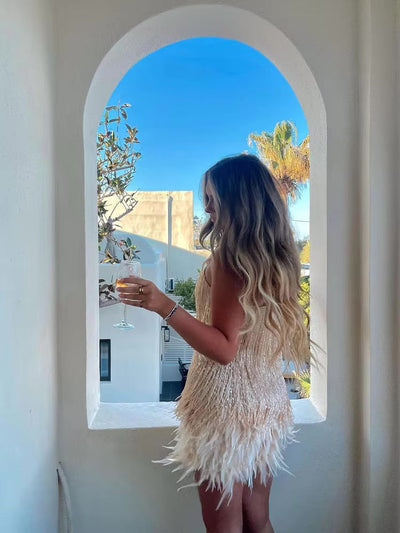 ALENA – PARTY DRESS WITH FEATHER TRIM