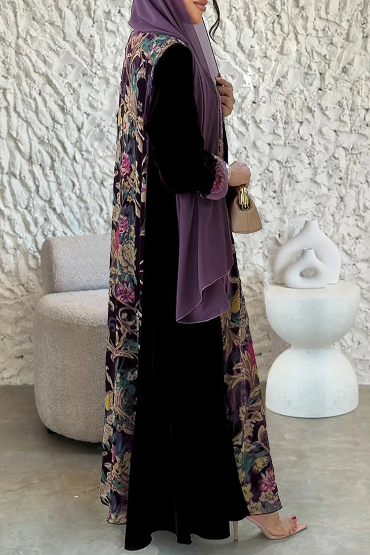 Round Neck Maxi Dresses Velvet Floral Print Abaya 3pcs Set