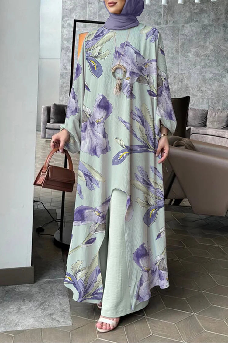 Floral Print Lantern Sleeve Long Top Wide Leg Pants 2pcs Set [Pre Order]