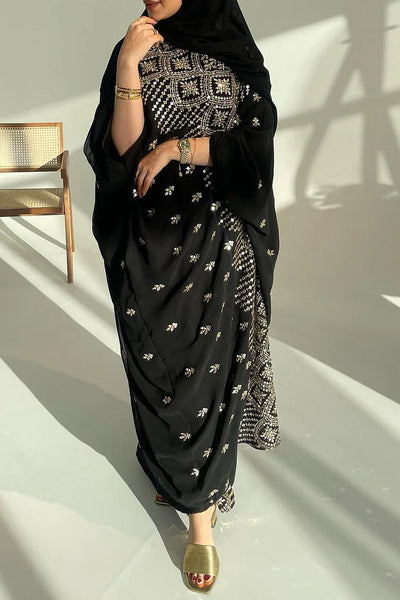 Batwing Sleeve Bronzing Print Abaya Maxi Dresses 3pcs Set