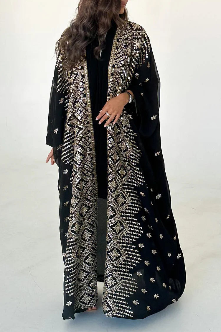 Batwing Sleeve Bronzing Print Abaya Maxi Dresses 3pcs Set
